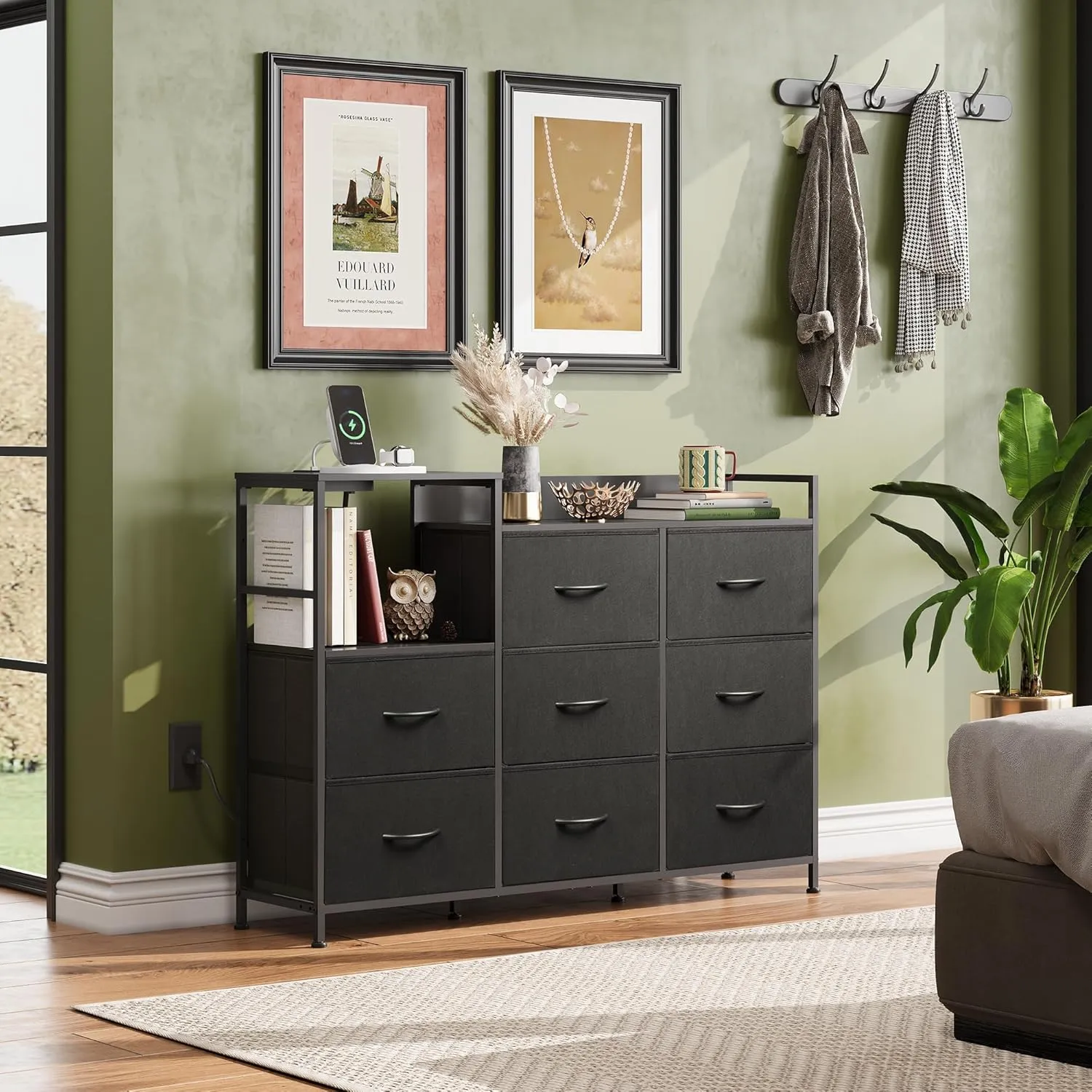 WLIVE Black Dresser TV Stand for Bedroom with Charging Station and Open Shelves, Fabric Dresser with 8 Drawers and Wood Top, Wide Storage Chest of Drawers for Living Room, Hallway