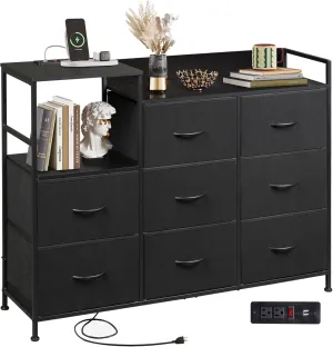 WLIVE Black Dresser TV Stand for Bedroom with Charging Station and Open Shelves, Fabric Dresser with 8 Drawers and Wood Top, Wide Storage Chest of Drawers for Living Room, Hallway