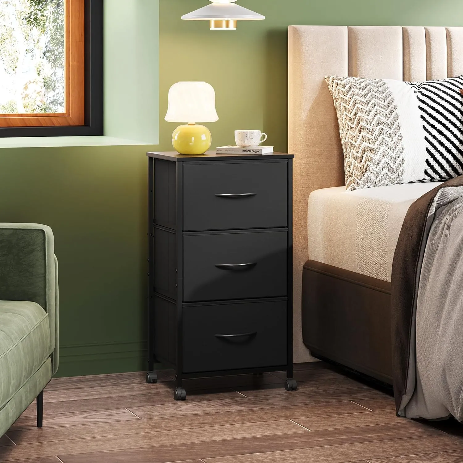 WLIVE Dresser with 3 Drawers, Fabric Nightstand, Cabinet with Wheels, Organizer Storage Dresser for Bedroom, Office, Closets, Black Dresser with Sturdy Steel Frame, Easy Pull Handle