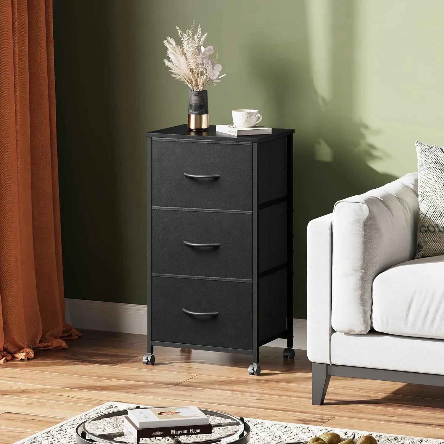 WLIVE Dresser with 3 Drawers, Fabric Nightstand, Cabinet with Wheels, Organizer Storage Dresser for Bedroom, Office, Closets, Black Dresser with Sturdy Steel Frame, Easy Pull Handle