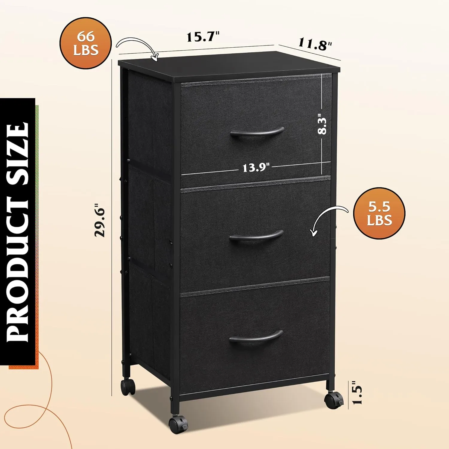 WLIVE Dresser with 3 Drawers, Fabric Nightstand, Cabinet with Wheels, Organizer Storage Dresser for Bedroom, Office, Closets, Black Dresser with Sturdy Steel Frame, Easy Pull Handle