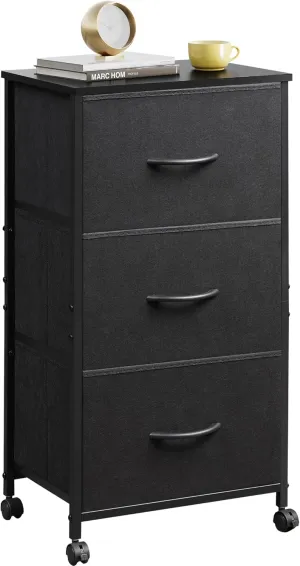 WLIVE Dresser with 3 Drawers, Fabric Nightstand, Cabinet with Wheels, Organizer Storage Dresser for Bedroom, Office, Closets, Black Dresser with Sturdy Steel Frame, Easy Pull Handle