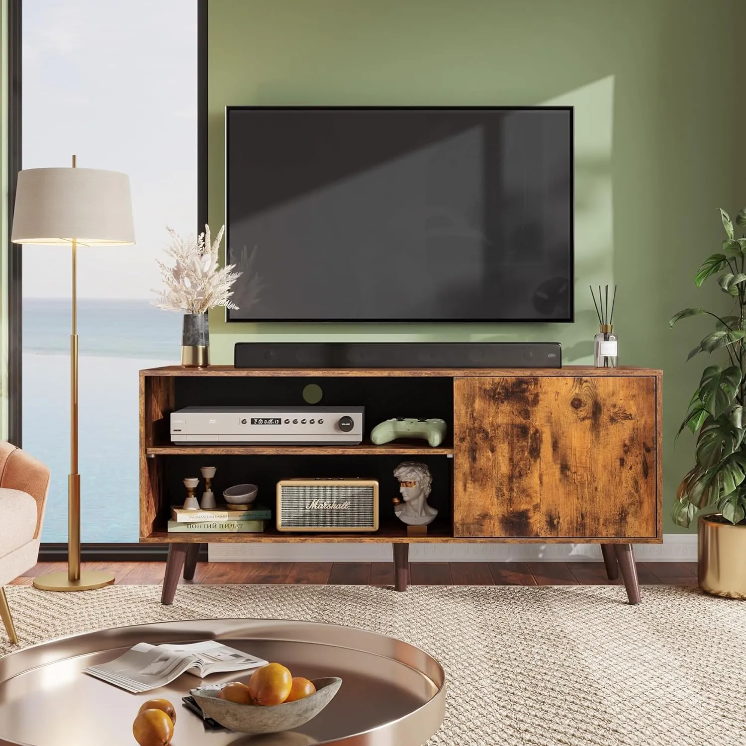 WLIVE TV Stand for 55 Inch TVs, Entertainment Center with Storage Cabinet, Mid-Century TV Stands for Living Room and Bedroom, 50" TV Console, Brown