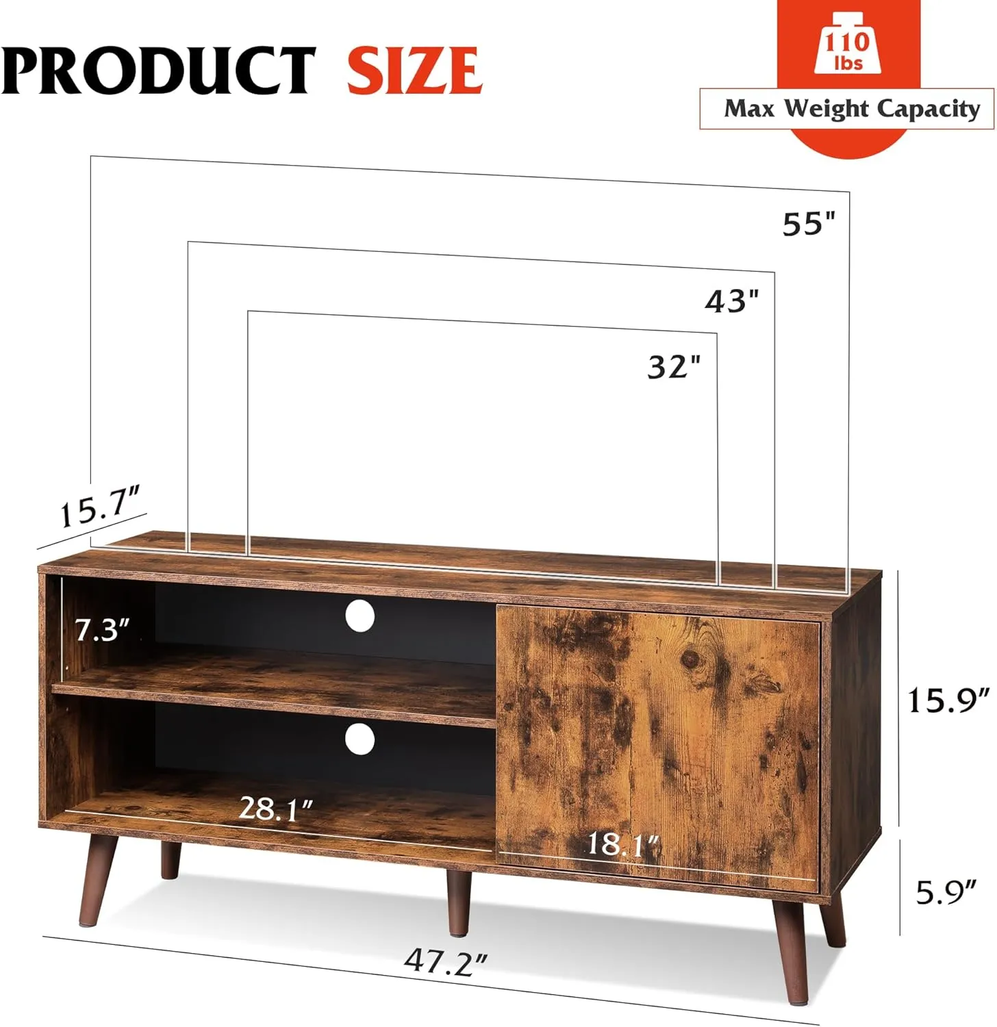 WLIVE TV Stand for 55 Inch TVs, Entertainment Center with Storage Cabinet, Mid-Century TV Stands for Living Room and Bedroom, 50" TV Console, Brown