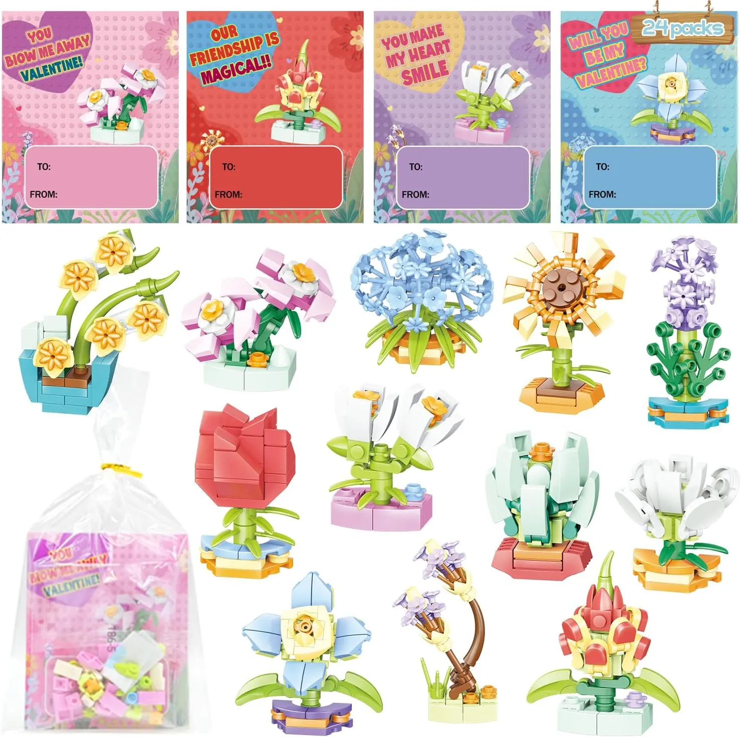 WODMAZ 24 Packs Flower Bouquet Building Blocks with Valentines Gift Cards for Kids Class Valentines Gifts Exchange, Valentine Party Favor
