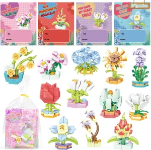 WODMAZ 24 Packs Flower Bouquet Building Blocks with Valentines Gift Cards for Kids Class Valentines Gifts Exchange, Valentine Party Favor