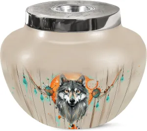 Wolf Cremation Urn for Adult Human Ashes - Large Memorial Beige Urn for Mom & Dad - Matki Burial Urns for Adult Male & Female (7 Inch)