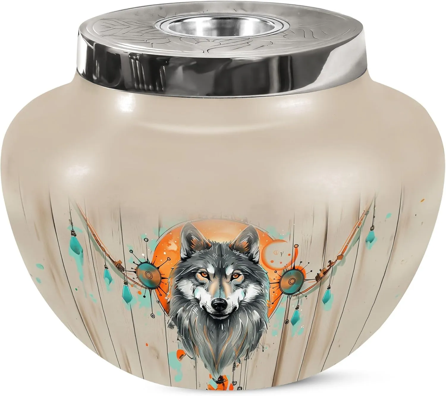 Wolf Cremation Urn for Adult Human Ashes - Large Memorial Beige Urn for Mom & Dad - Matki Burial Urns for Adult Male & Female (7 Inch)