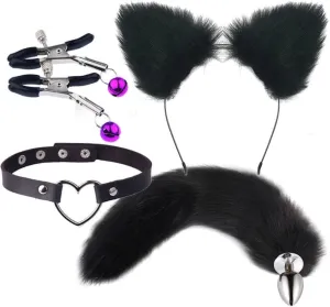 Wolf Fox Furry Tail Plug and Ears Headband Animal Costume Fancy Dress Halloween Adjustable Faux Fur Tail and Ears