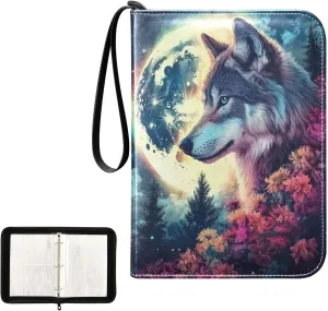 Wolf Moon Colorful Flowers Night Card Binder 4 Pocket, Trading Card Holder Fits 400 Game Cards with 50 Removable Sleeves, MTG Card Case Standard Size