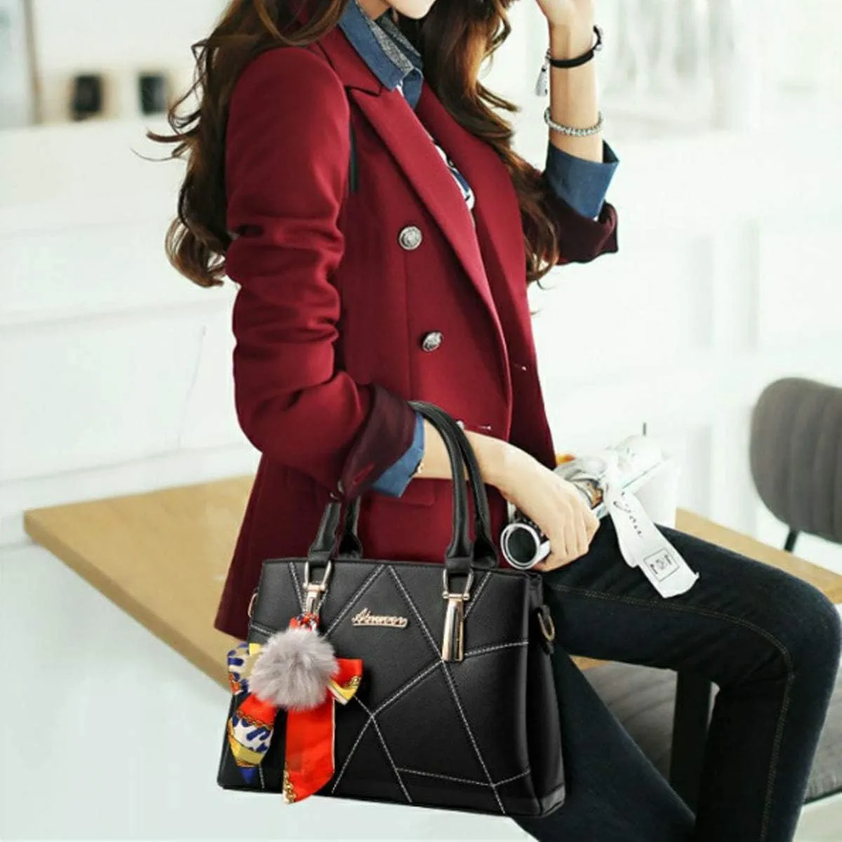Womens Leather Handbags Purses Top-handle Totes Satchel Shoulder Bag for Ladies With Pompon and Bowknot