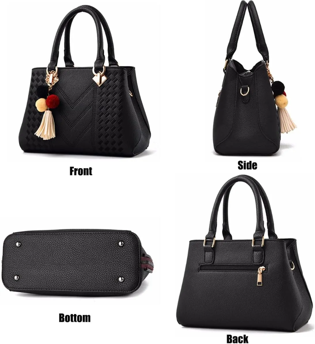 Womens Leather Handbags Purses Top-handle Totes Satchel Shoulder Bag for Ladies with Pompon and Tassel