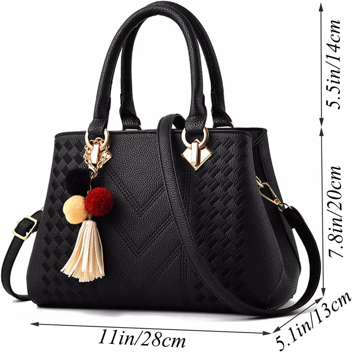 Womens Leather Handbags Purses Top-handle Totes Satchel Shoulder Bag for Ladies with Pompon and Tassel