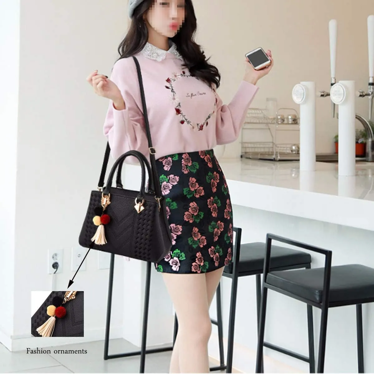 Womens Leather Handbags Purses Top-handle Totes Satchel Shoulder Bag for Ladies with Pompon and Tassel