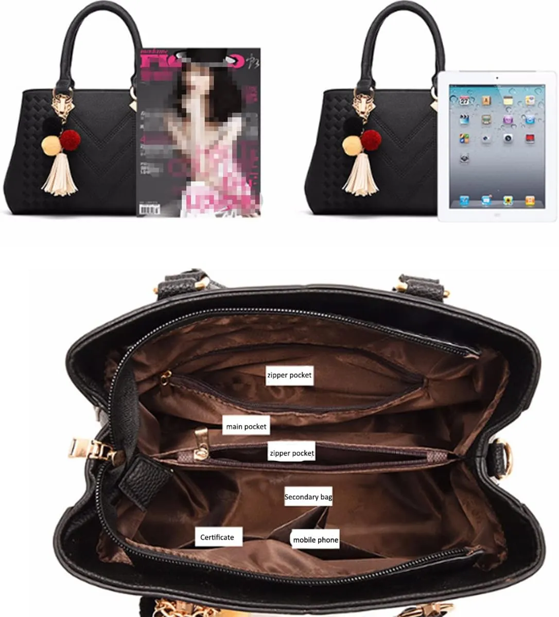 Womens Leather Handbags Purses Top-handle Totes Satchel Shoulder Bag for Ladies with Pompon and Tassel