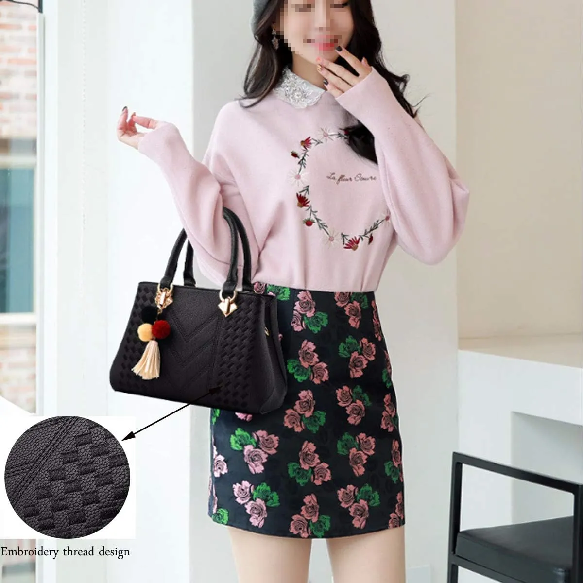 Womens Leather Handbags Purses Top-handle Totes Satchel Shoulder Bag for Ladies with Pompon and Tassel
