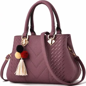 Womens Leather Handbags Purses Top-handle Totes Satchel Shoulder Bag for Ladies with Pompon and Tassel
