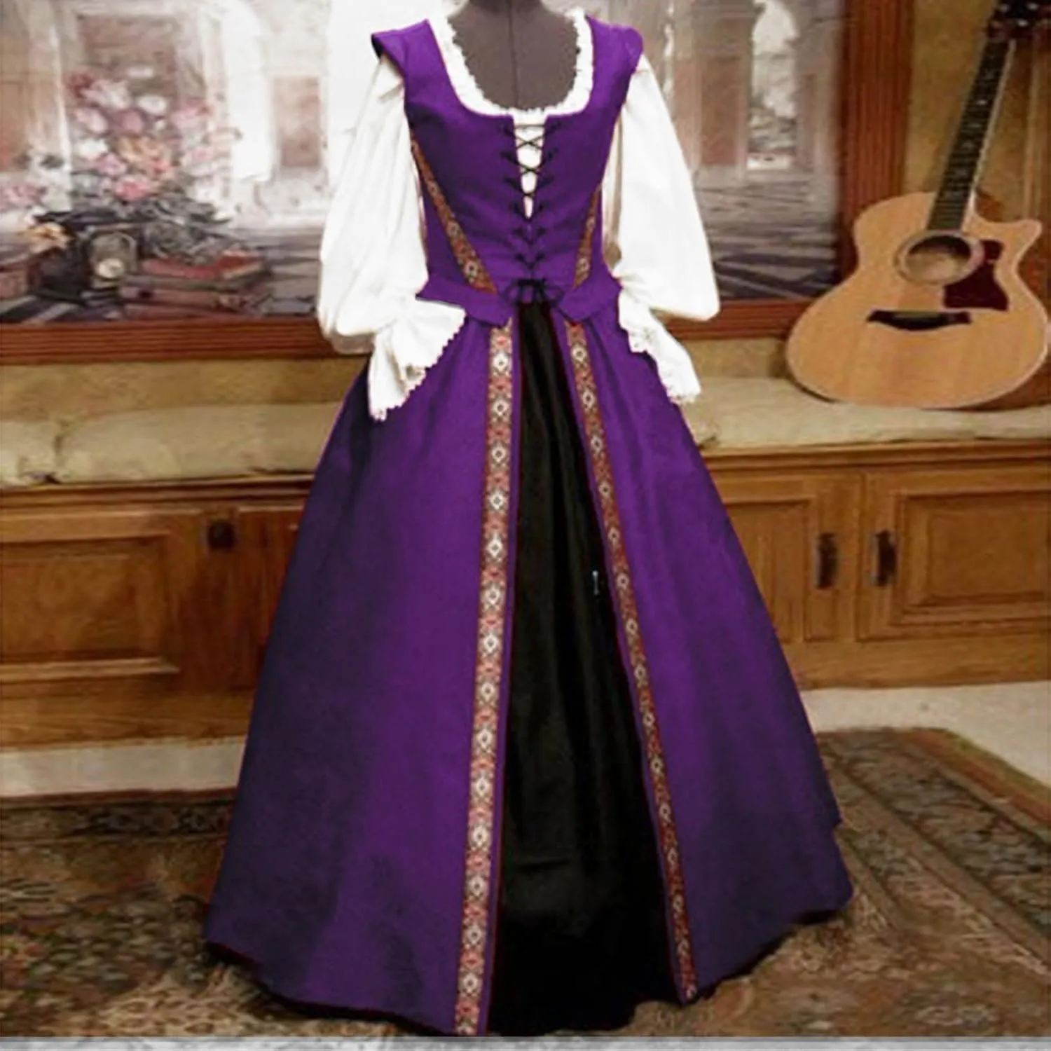 Womens Renaissance Dress 2023 Trendy Ruffle Bell Sleeve Square Neck Tie Up Dress Classic Vintage Victorian Dress