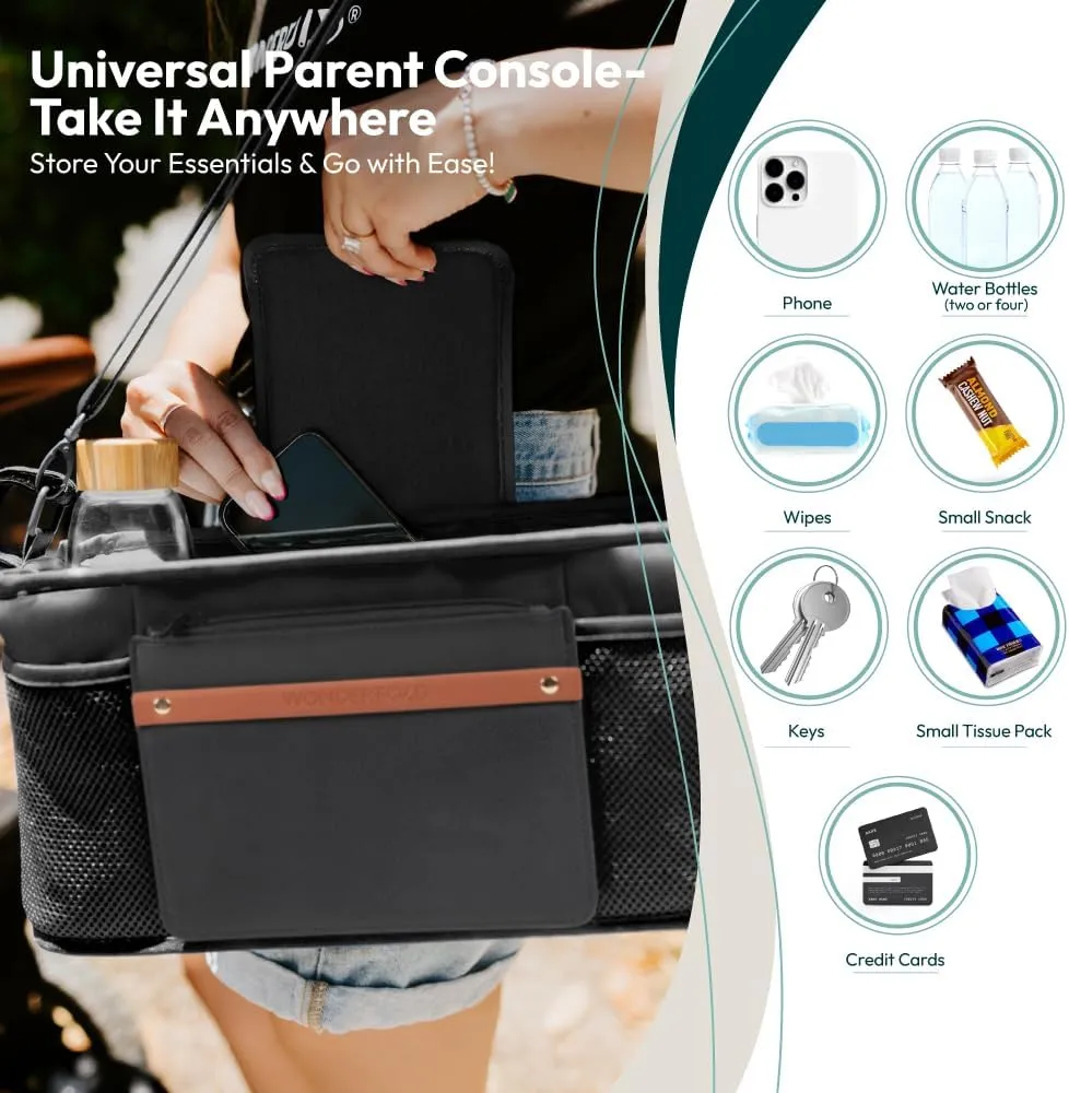 WONDERFOLD Universal Parent Console Stroller Organizer with Insulated Cup Holders, Hook & Loop Closure Handle Attachment, 2 Storage Pockets, Removable Shoulder Strap for Easy Transport