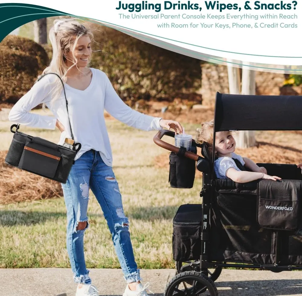 WONDERFOLD Universal Parent Console Stroller Organizer with Insulated Cup Holders, Hook & Loop Closure Handle Attachment, 2 Storage Pockets, Removable Shoulder Strap for Easy Transport