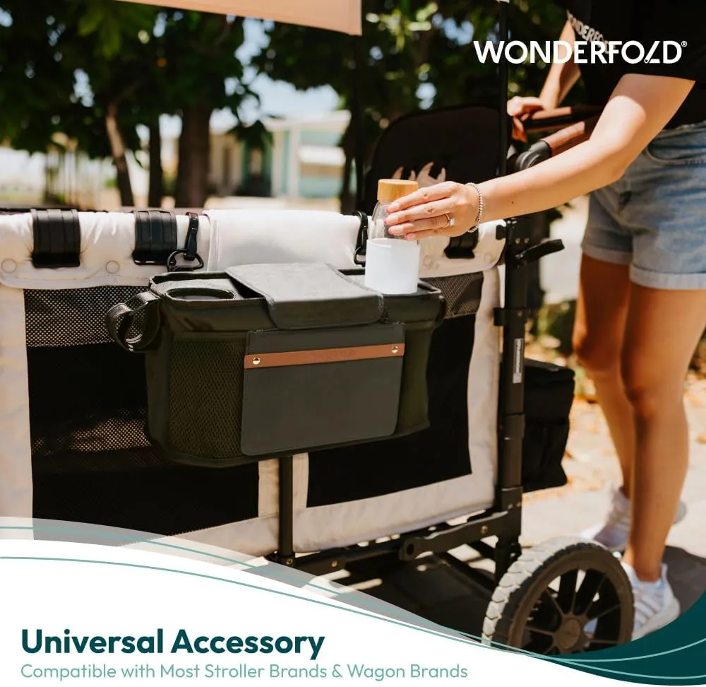 WONDERFOLD Universal Parent Console Stroller Organizer with Insulated Cup Holders, Hook & Loop Closure Handle Attachment, 2 Storage Pockets, Removable Shoulder Strap for Easy Transport