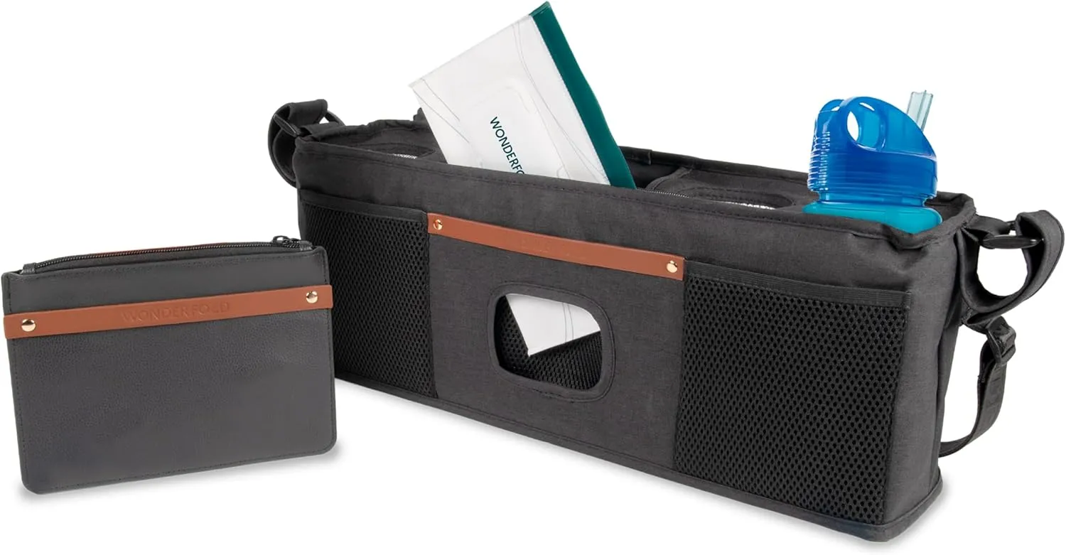 WONDERFOLD Universal Parent Console Stroller Organizer with Insulated Cup Holders, Hook & Loop Closure Handle Attachment, 2 Storage Pockets, Removable Shoulder Strap for Easy Transport