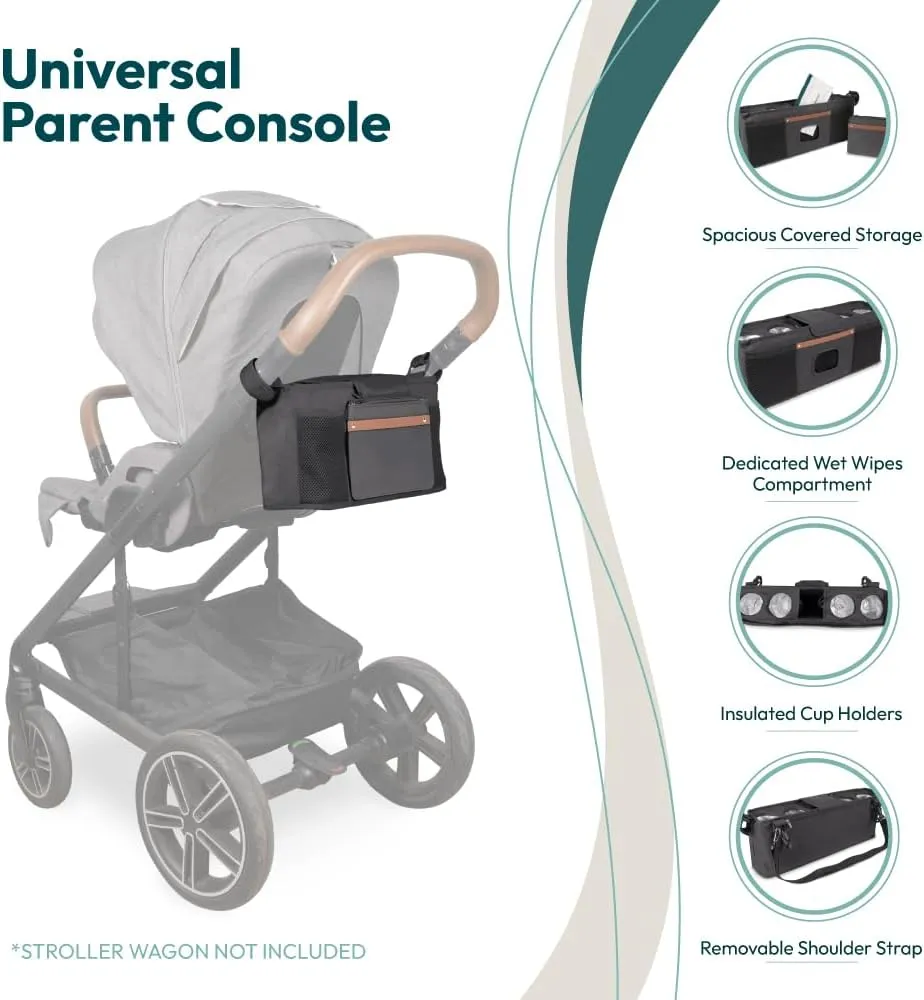 WONDERFOLD Universal Parent Console Stroller Organizer with Insulated Cup Holders, Hook & Loop Closure Handle Attachment, 2 Storage Pockets, Removable Shoulder Strap for Easy Transport
