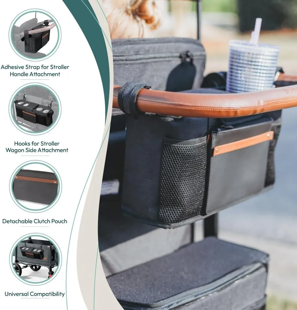 WONDERFOLD Universal Parent Console Stroller Organizer with Insulated Cup Holders, Hook & Loop Closure Handle Attachment, 2 Storage Pockets, Removable Shoulder Strap for Easy Transport