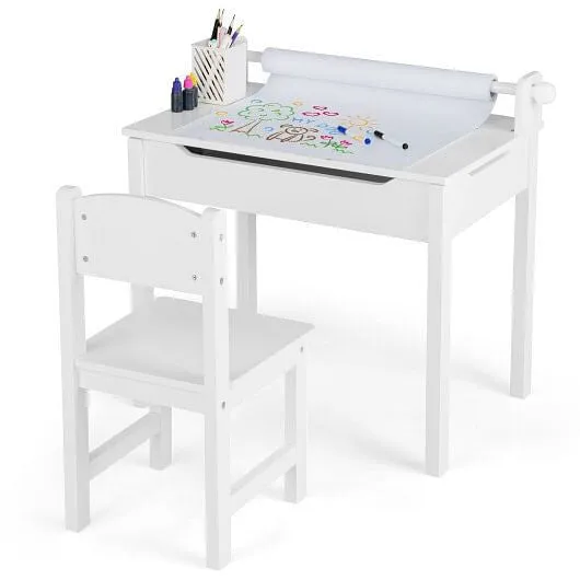 Wooden Kids Table and Chair Set with Storage and Paper Roll Holder-White - Color