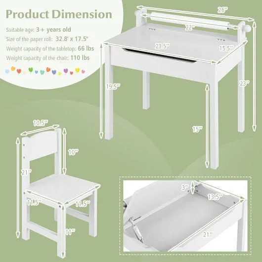 Wooden Kids Table and Chair Set with Storage and Paper Roll Holder-White - Color