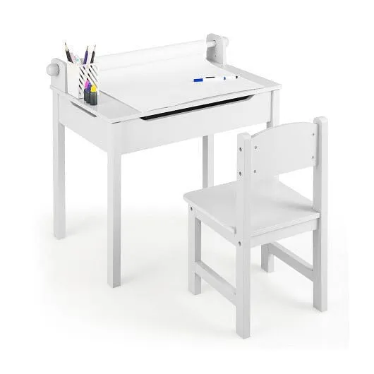 Wooden Kids Table and Chair Set with Storage and Paper Roll Holder-White - Color