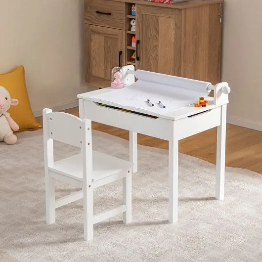Wooden Kids Table and Chair Set with Storage and Paper Roll Holder-White - Color