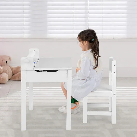 Wooden Kids Table and Chair Set with Storage and Paper Roll Holder-White - Color
