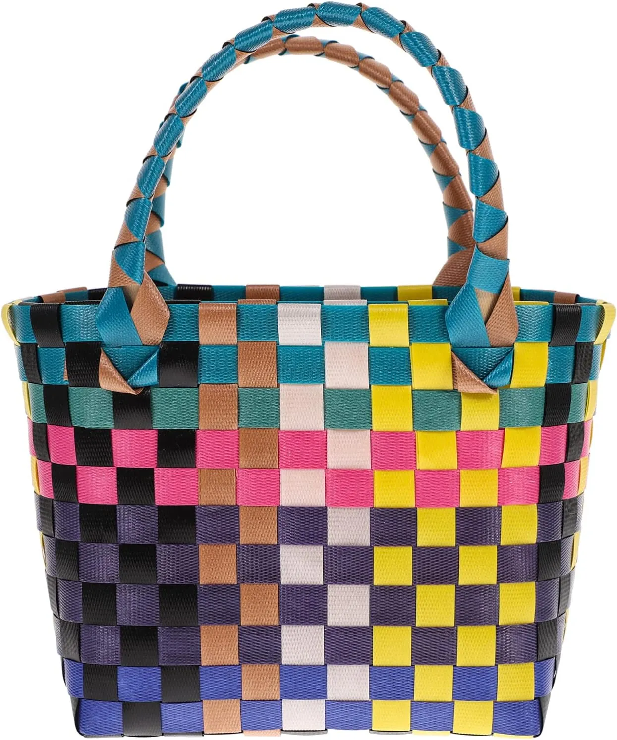Woven Storage Basket Shopping Bag with Handles Portable Market Basket Woven Tote Bag Reusable Grocery Basket Wicker Picnic Basket for Home Travel Organizer A