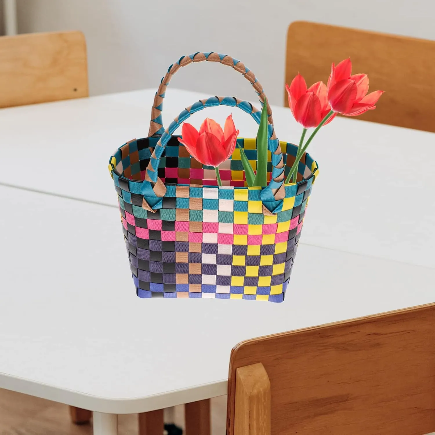 Woven Storage Basket Shopping Bag with Handles Portable Market Basket Woven Tote Bag Reusable Grocery Basket Wicker Picnic Basket for Home Travel Organizer A