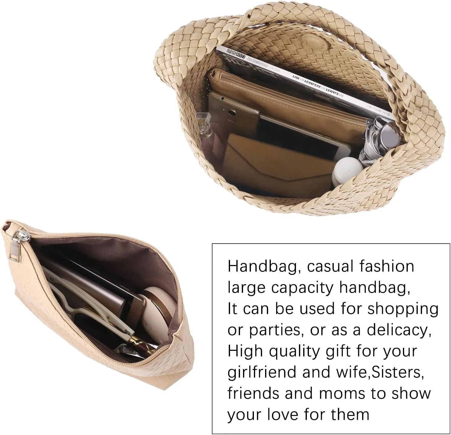 Woven Tote Bag For Women,Vegan Leather Hand Woven Handbags And Purse,Shoulder Bag Top-Handle Bag All-Match Underarm Bag