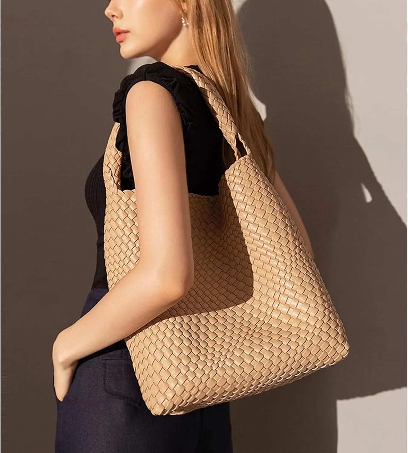 Woven Tote Bag For Women,Vegan Leather Hand Woven Handbags And Purse,Shoulder Bag Top-Handle Bag All-Match Underarm Bag