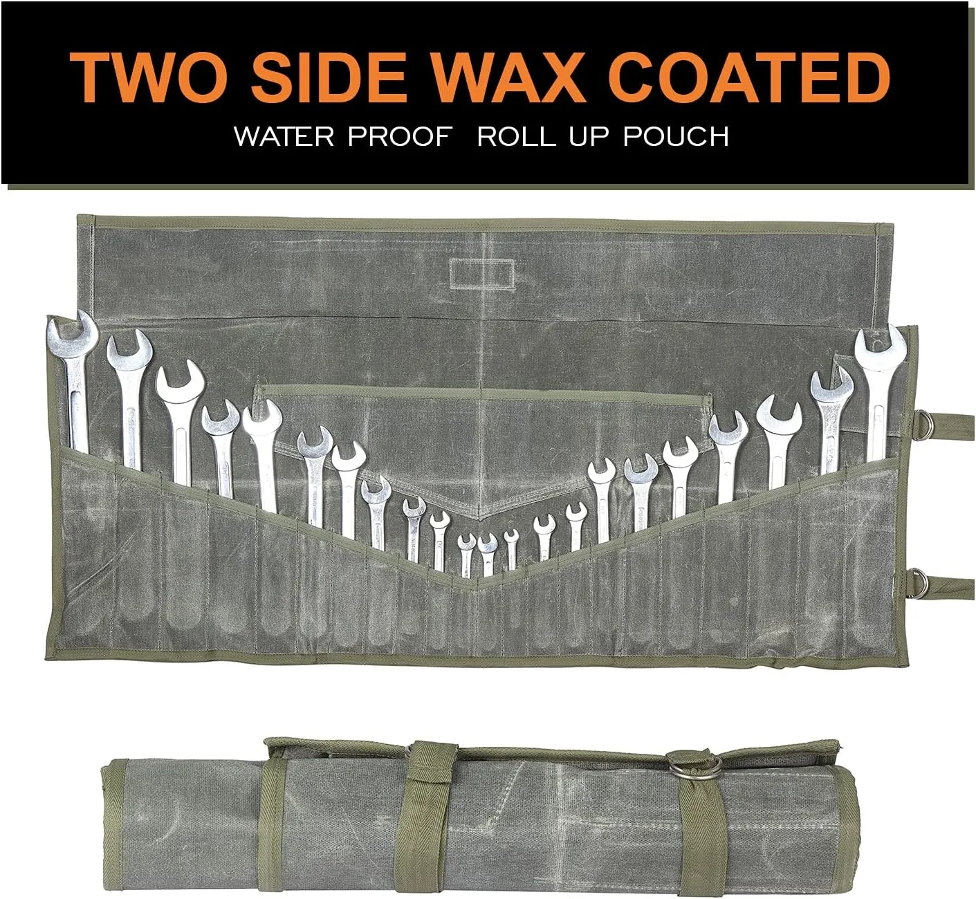 Wrench Roll Organizer 26 Pocket Waxed Canvas Tool Bag for Mechanics & DIY Enthusiasts Compact Roll-Up Tool Pouch for Metric & Standard Wrenches - Olive Drab (Tools Not Included)