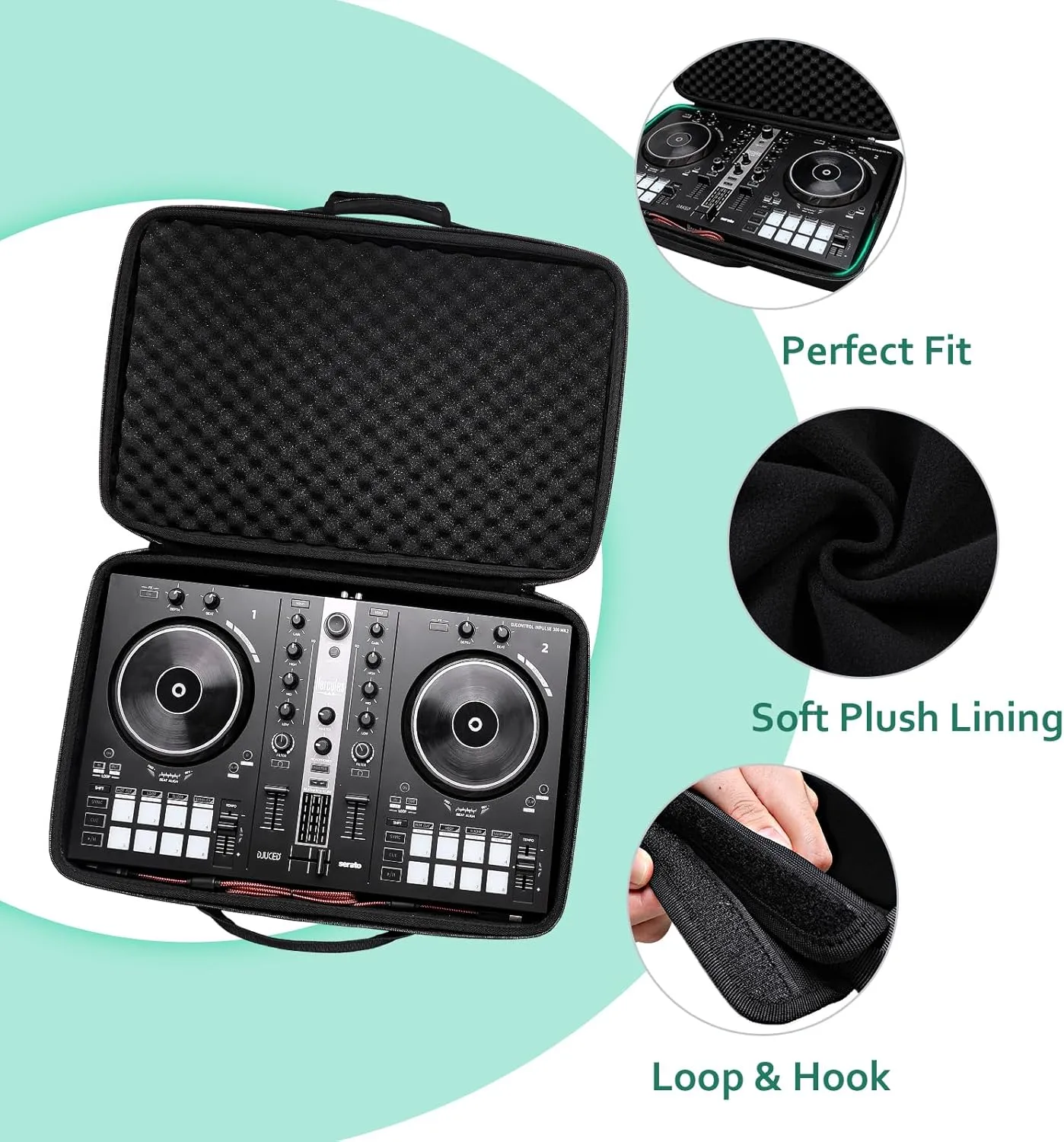 XANAD Black Case for Pioneer DJ DDJ-FLX4 2-deck or Hercules DJControl Inpulse 300 MK2 DJ Controller - Protective Carrying Storage Bag