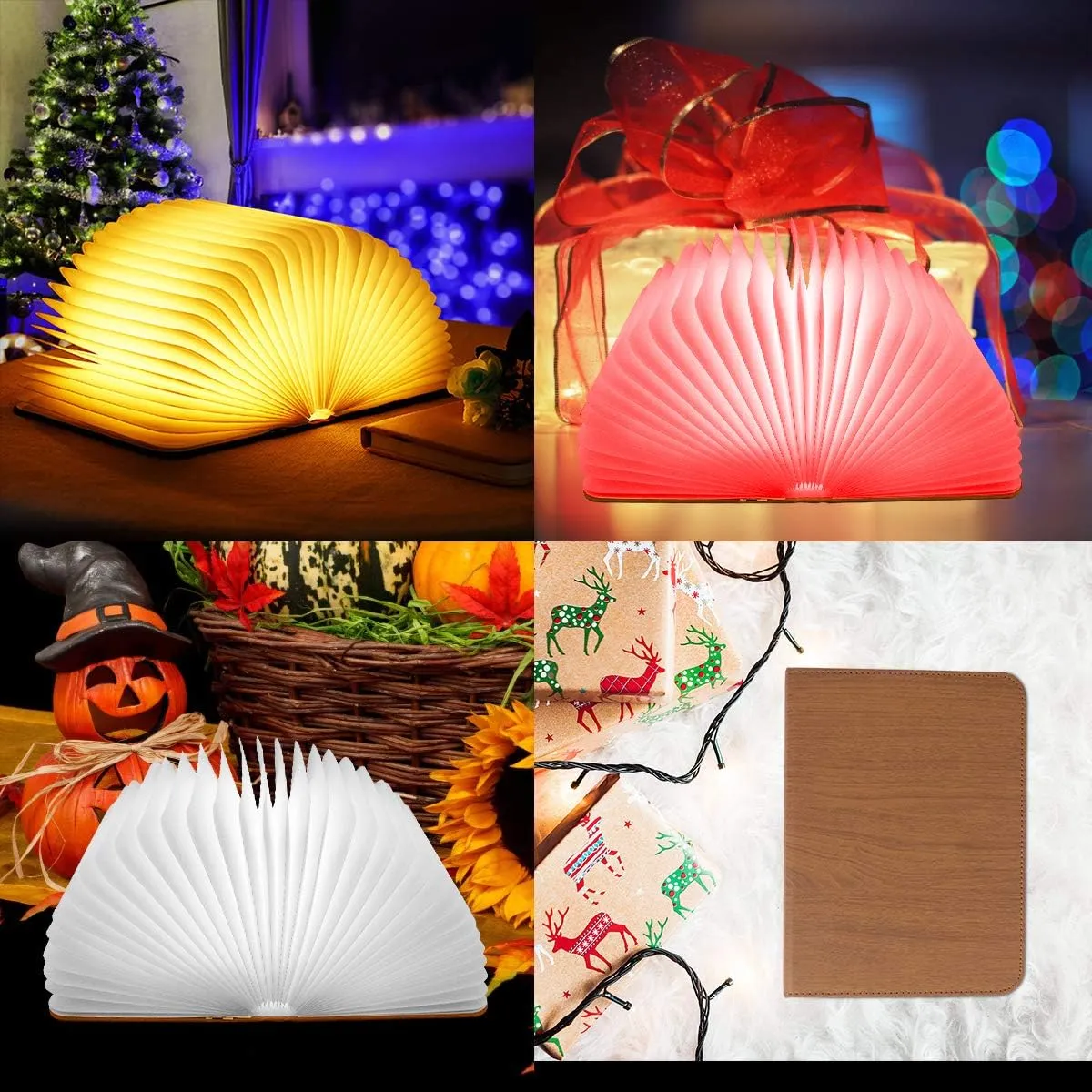 XIUDI 8 Colors Small Folding Book Lamp,Upgraded Version Portable Book-Shaped Desk Light,Novelty LED Paper Lantern with USB Rechargeable Night Light,Small Wood (Size 5.7×4.3×1in), XIU0022