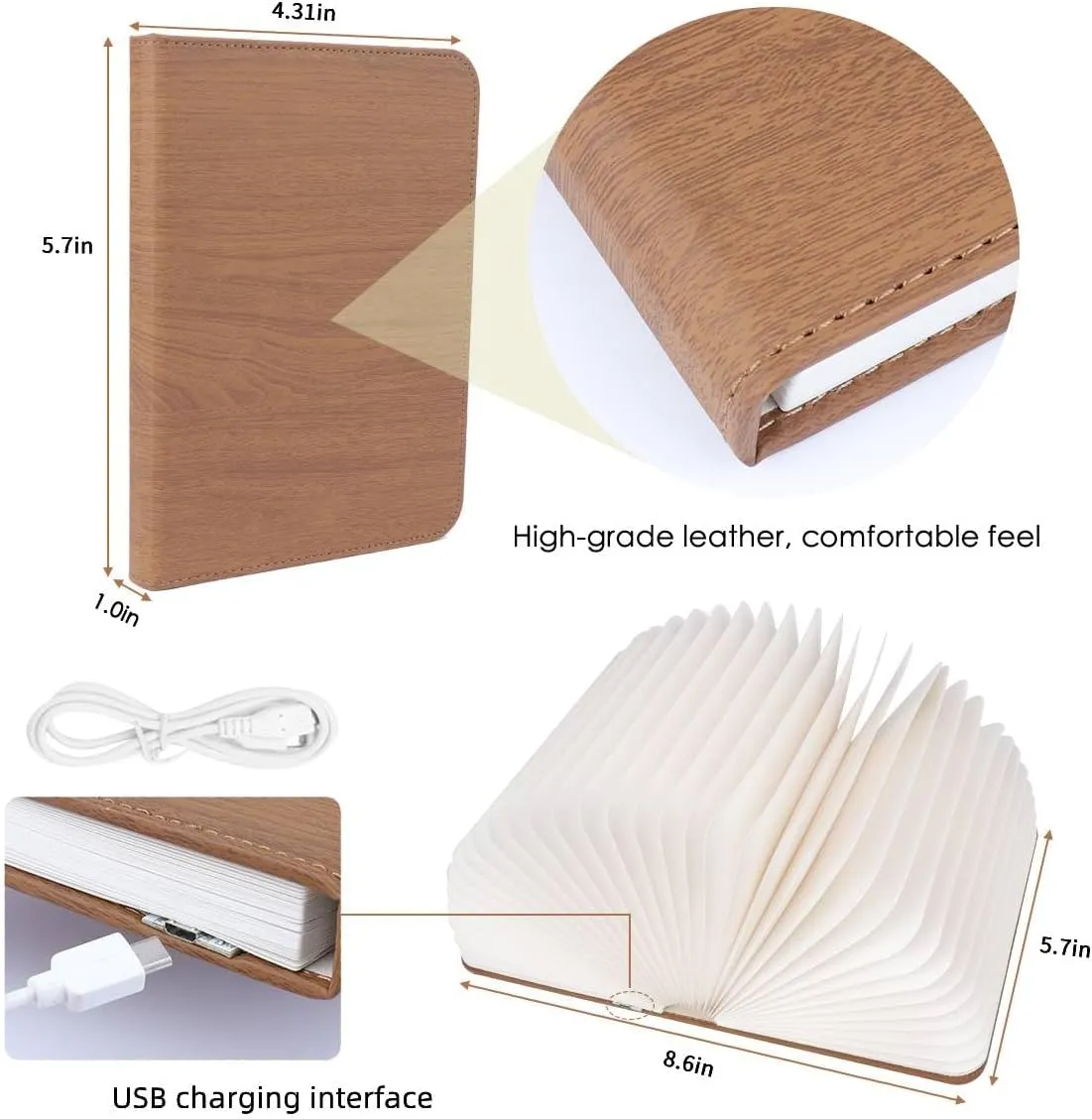 XIUDI 8 Colors Small Folding Book Lamp,Upgraded Version Portable Book-Shaped Desk Light,Novelty LED Paper Lantern with USB Rechargeable Night Light,Small Wood (Size 5.7×4.3×1in), XIU0022