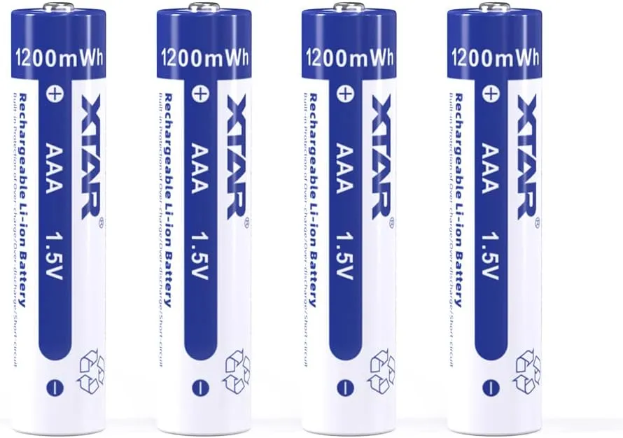XTAR Rechargeable Lithium AAA Batteries 4Packs,1200 mWh Constant Output 1.5V Li-ion AAA Battery, 1200 Cycles for Toy Cars Toothbrush(4 * 1.5V 1200mWh Batteries)