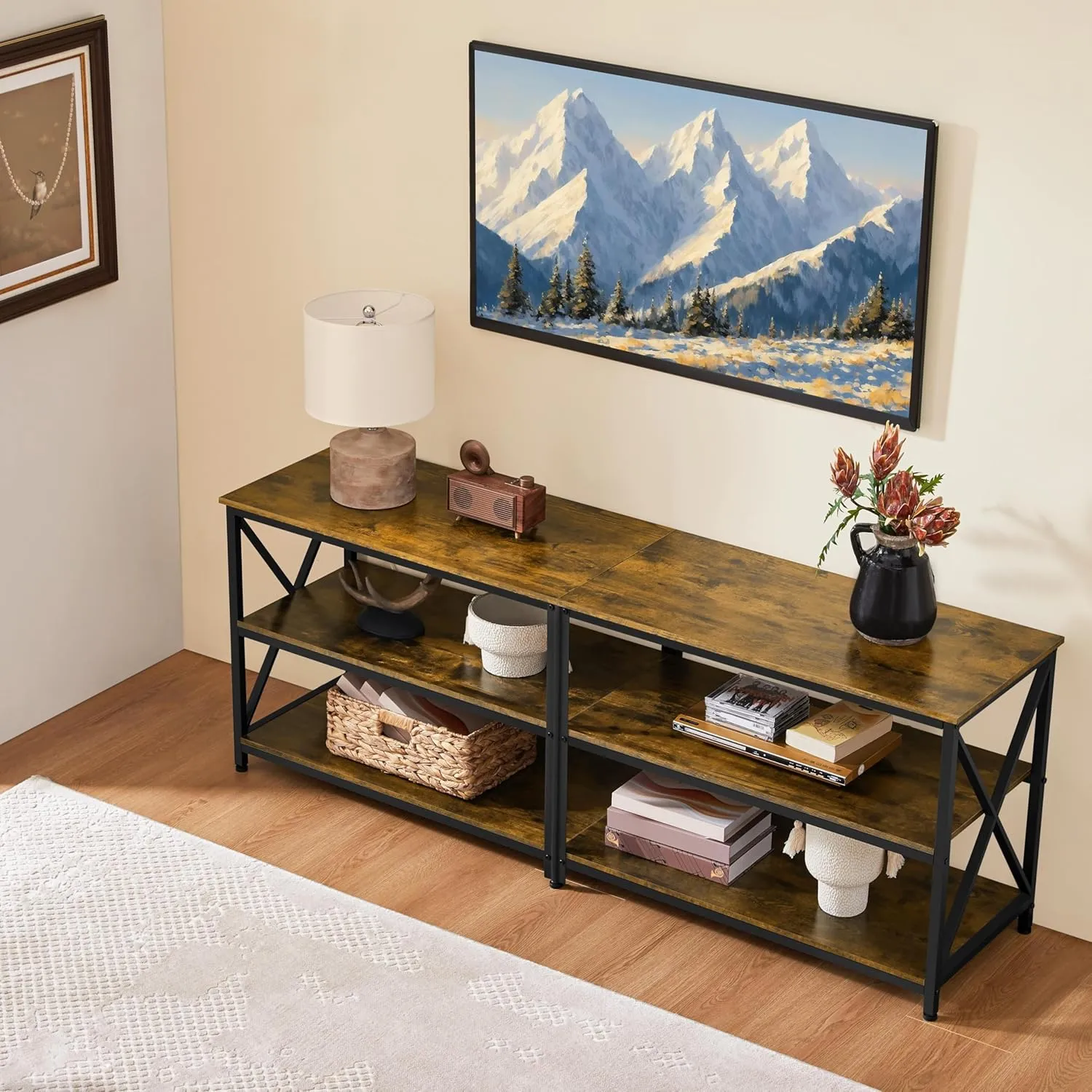 Yaheetech TV Stand for TVs Up to 70 Inches, Entertainment Center with 3-Tier Wooden Storage Shelves TV Console for Living Room, Rustic Brown