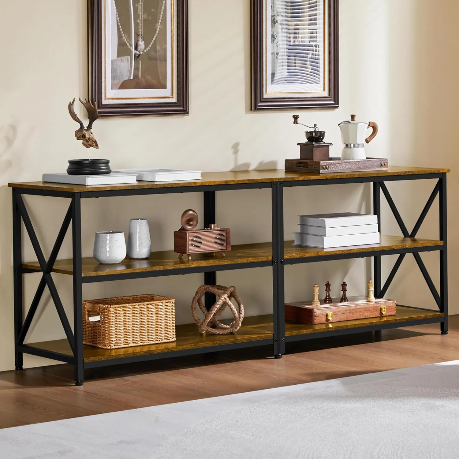 Yaheetech TV Stand for TVs Up to 70 Inches, Entertainment Center with 3-Tier Wooden Storage Shelves TV Console for Living Room, Rustic Brown