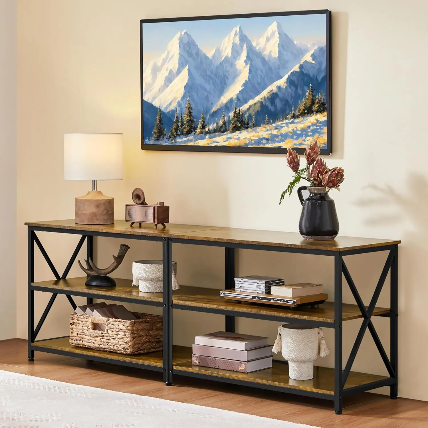 Yaheetech TV Stand for TVs Up to 70 Inches, Entertainment Center with 3-Tier Wooden Storage Shelves TV Console for Living Room, Rustic Brown