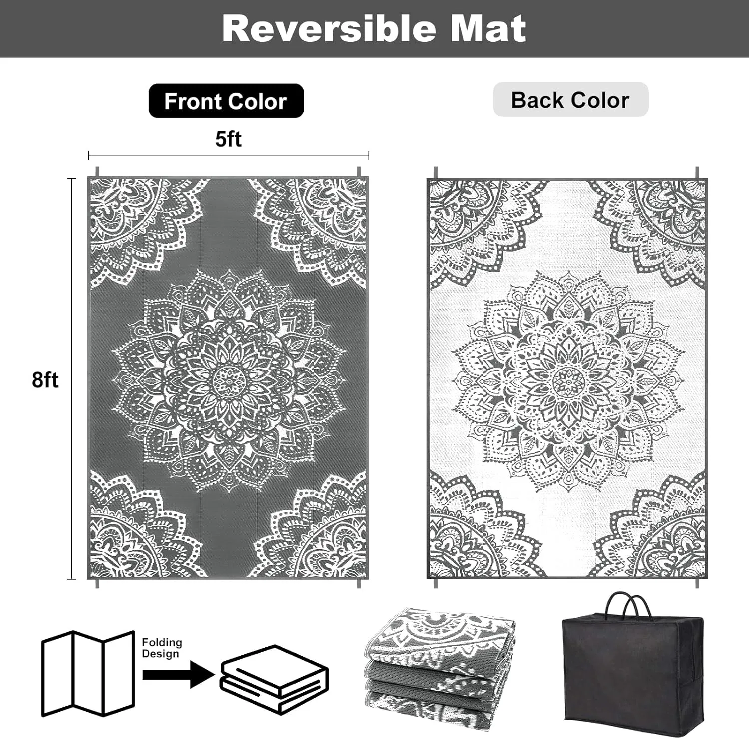 Yamaziot Waterproof Outdoor Rug 5x8 ft, Reversible Plastic Straw Rug for Patio Clearance, Camping, RV Mat, Large Outside Rug Carpet for Porch, Deck, Backyard, Balcony, Picnic (Grey)