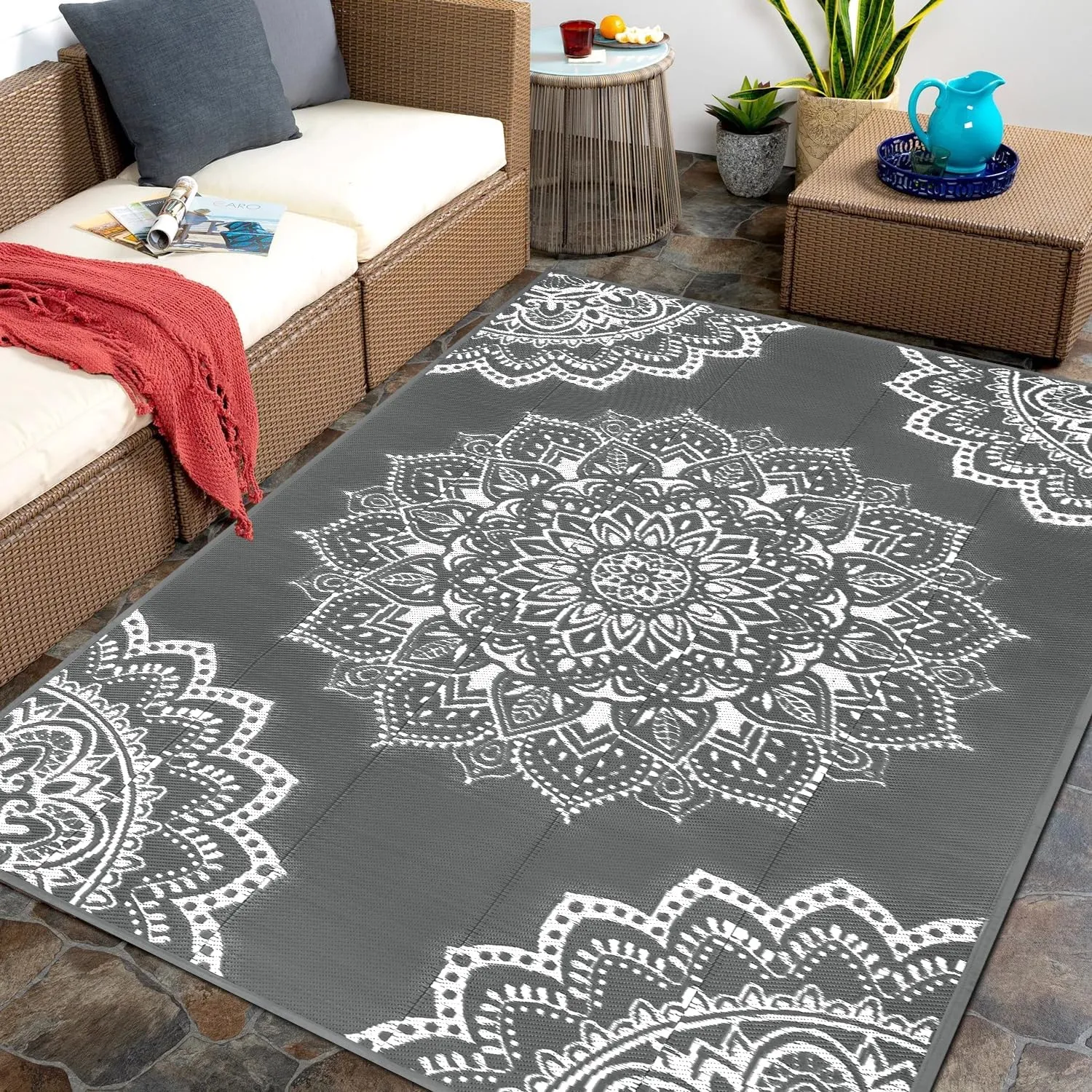 Yamaziot Waterproof Outdoor Rug 5x8 ft, Reversible Plastic Straw Rug for Patio Clearance, Camping, RV Mat, Large Outside Rug Carpet for Porch, Deck, Backyard, Balcony, Picnic (Grey)
