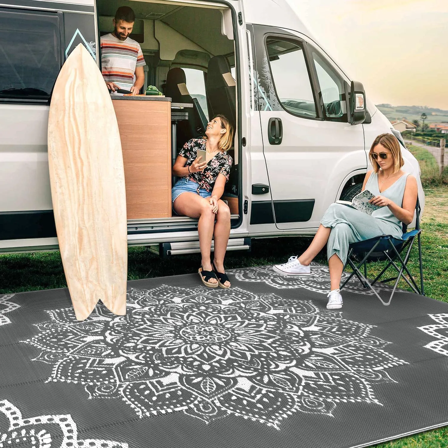 Yamaziot Waterproof Outdoor Rug 5x8 ft, Reversible Plastic Straw Rug for Patio Clearance, Camping, RV Mat, Large Outside Rug Carpet for Porch, Deck, Backyard, Balcony, Picnic (Grey)