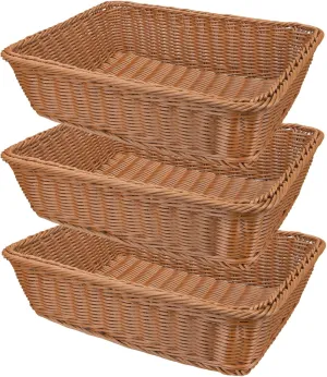 Yarlung 3 Pack Imitation Rattan Woven Bread Baskets, 11.8 Inch Poly Wicker Fruit Baskets for Food Serving, Display, Vegetables, Home Kitchen, Restaurant, Outdoor, Brown Rectangular