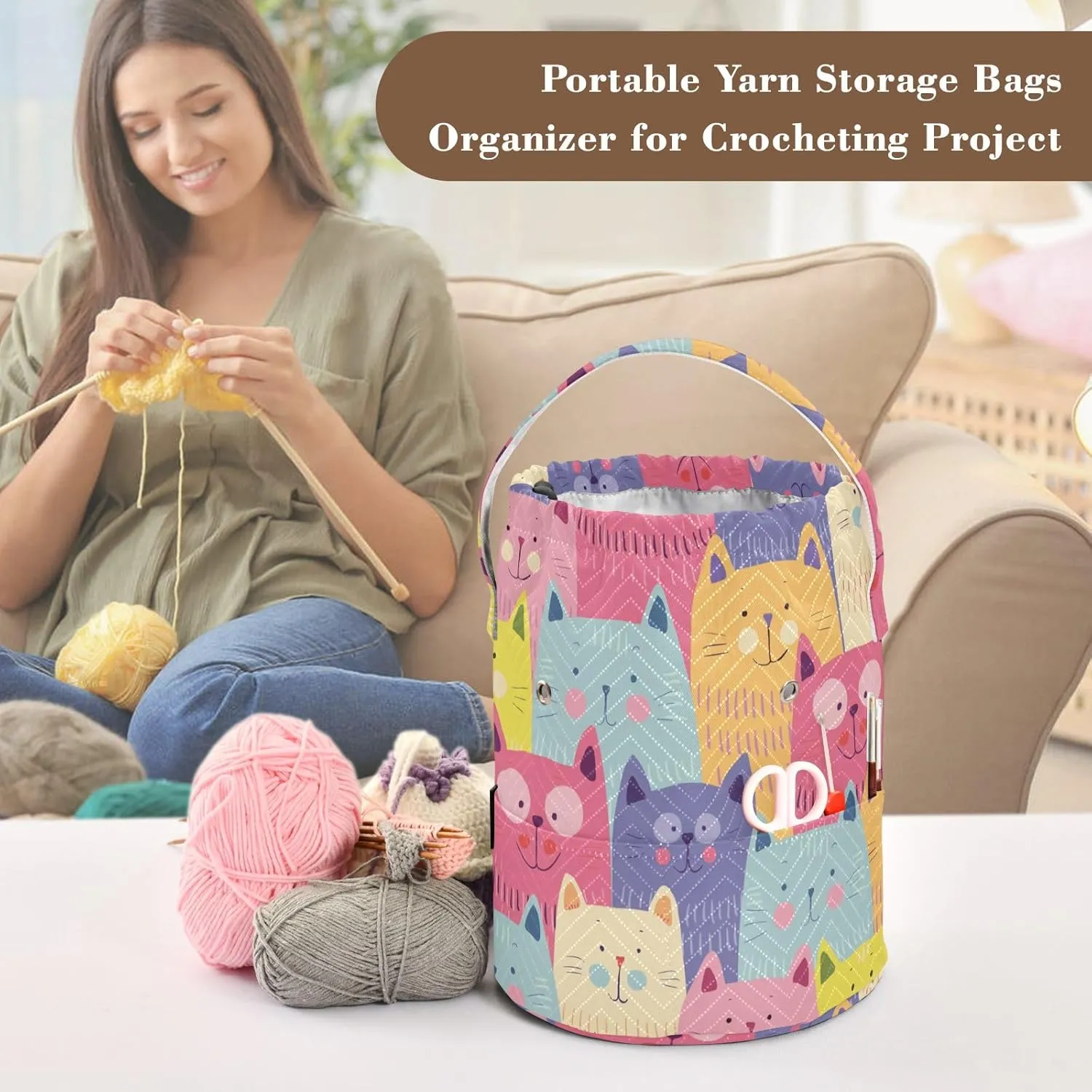 Yarn Storage Bag Small Crochet Bag Knitting Bag Organizer Colorful Cute Cats Yarn Bags for Crocheting Basket
